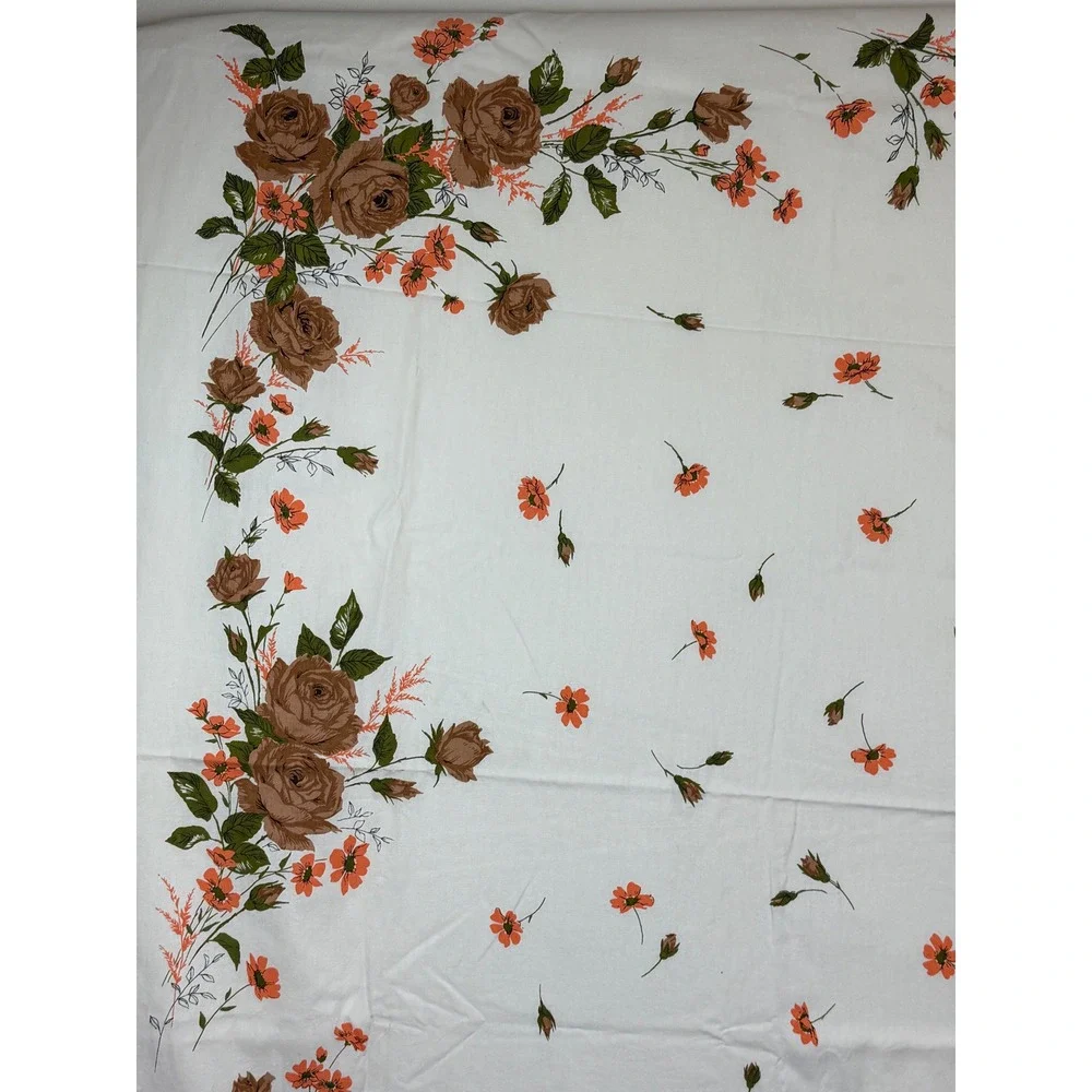 Vintage Floral Tablecloth Brown Roses Orange Flowers White Rectangular 52x66